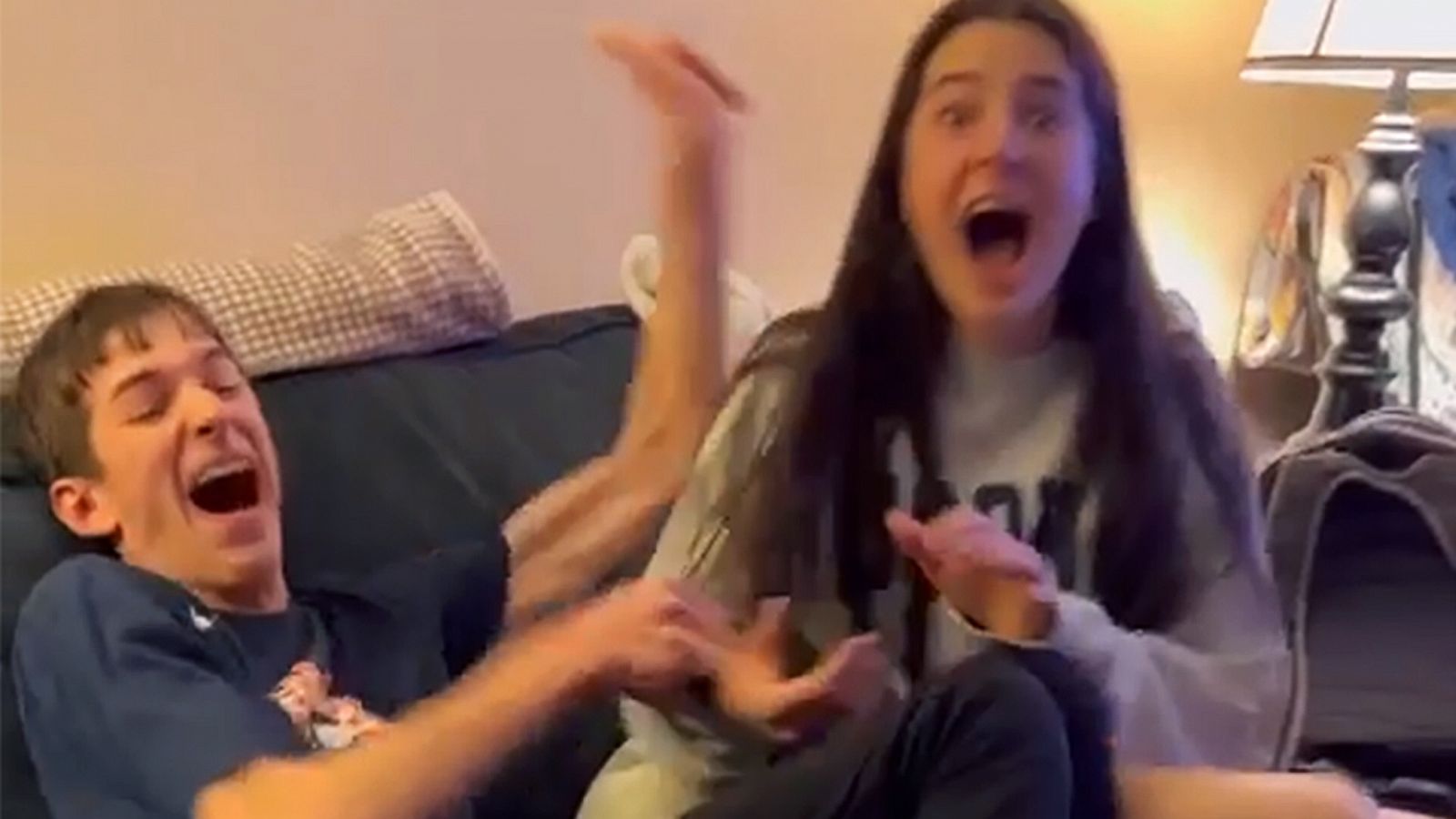 PHOTO: Connecticut students Matthew Myslenski and his twin sister Magdalena, react as they learn he was accepted into Harvard.