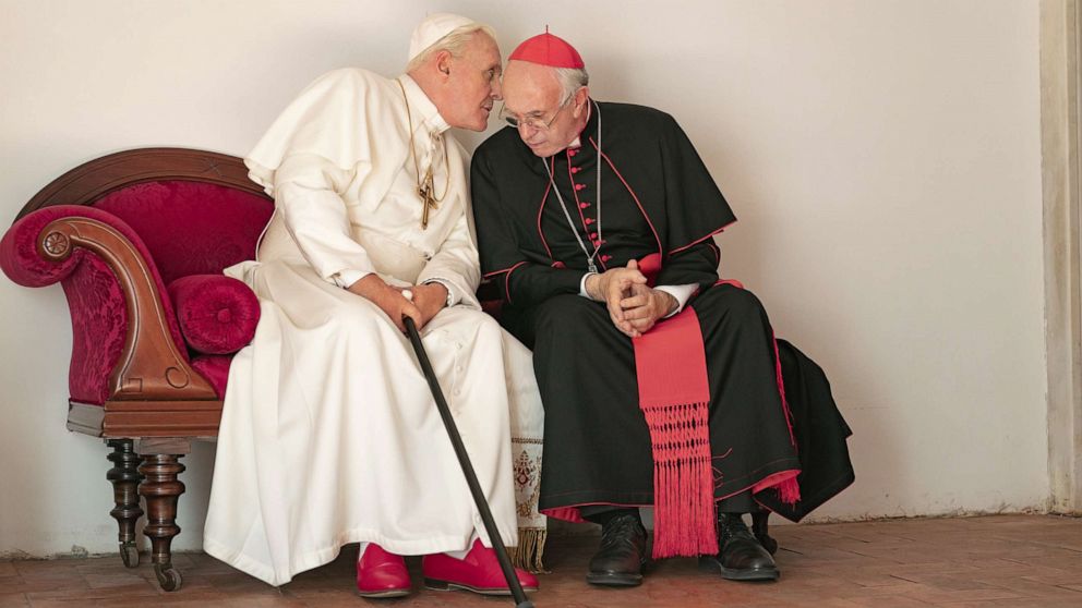 PHOTO: Anthony Hopkins as Pope Benedict, left, and Jonathan Pryce as Cardinal Bergoglio, right, in a scene from movie, "The Two Popes."