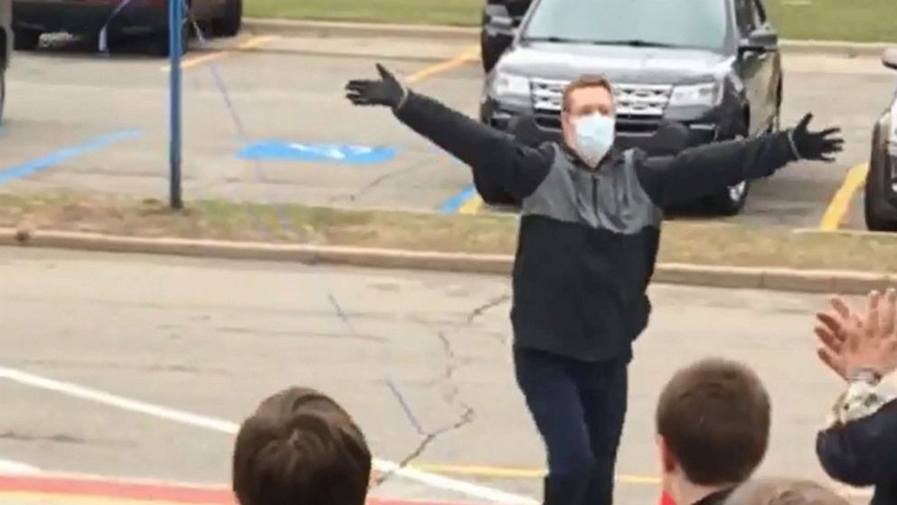 PHOTO: Tyler Krueger, 24, was greeted by peers and staff from Lake Orion Community Schools in Michigan on April 8, 2019, after he missed school for receiving a heart transplant on Sept. 6, 2018.