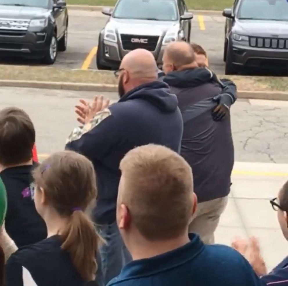 PHOTO: Tyler Krueger, 24, was greeted by peers and staff from Lake Orion Community Schools in Michigan on April 8, 2019, after he missed school for receiving a heart transplant on Sept. 6, 2018.