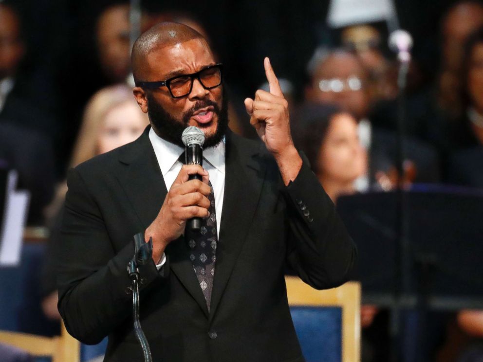 PHOTO: Tyler Perry speaks during the funeral service for Aretha Franklin at Greater Grace Temple, Friday, Aug. 31, 2018, in Detroit.