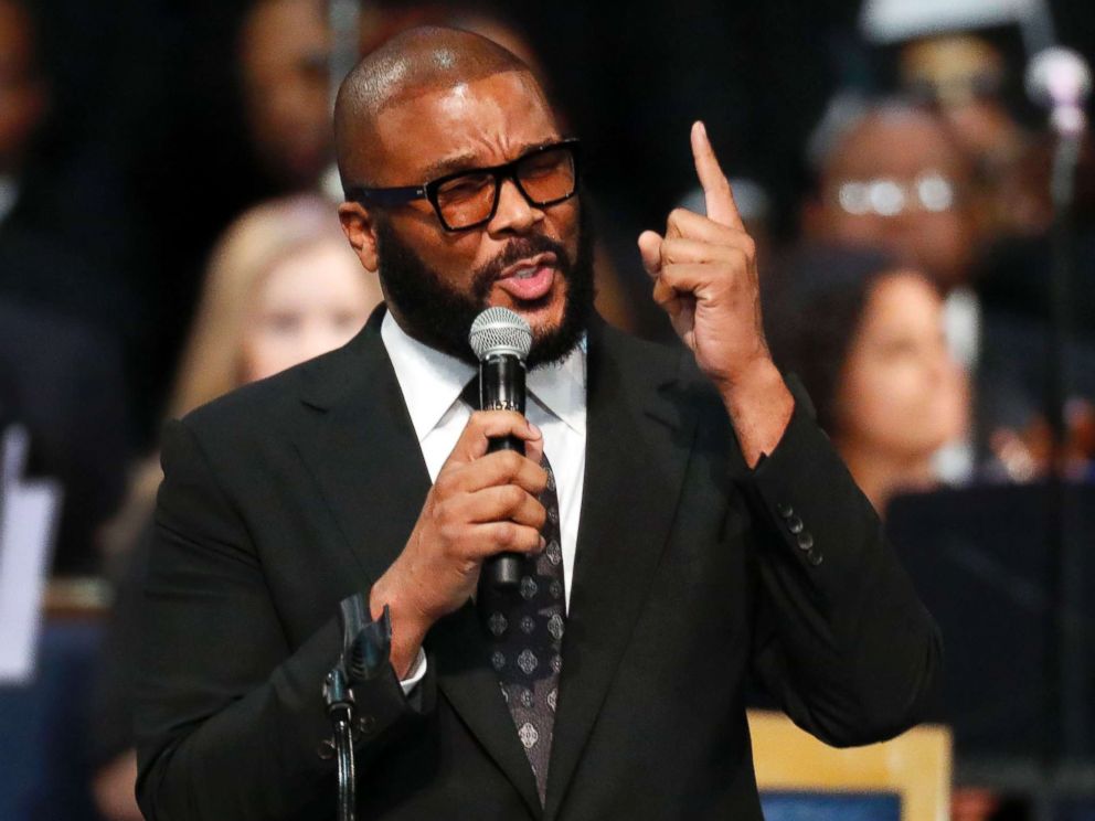 PHOTO: Tyler Perry speaks during the funeral service for Aretha Franklin at Greater Grace Temple, Friday, Aug. 31, 2018, in Detroit.