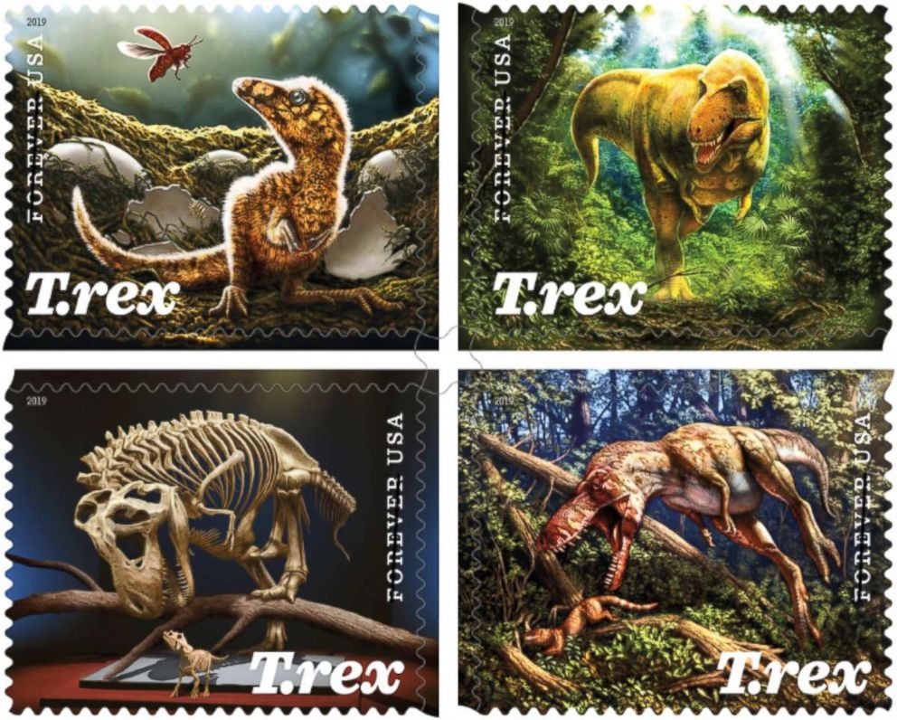 PHOTO: The Tyrannosaurus rex is featured in a set of forthcoming 2019 stamp designs announced by the USPS on March 12, 2019.