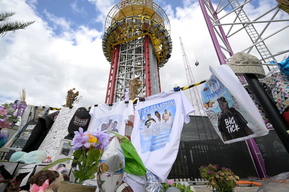 PHOTO: A makeshift memorial for Tyre Sampson is viewed outside the Orlando Free Fall ride at the ICON Park entertainment complex, on April 20, 2022, in Orlando, Fla.