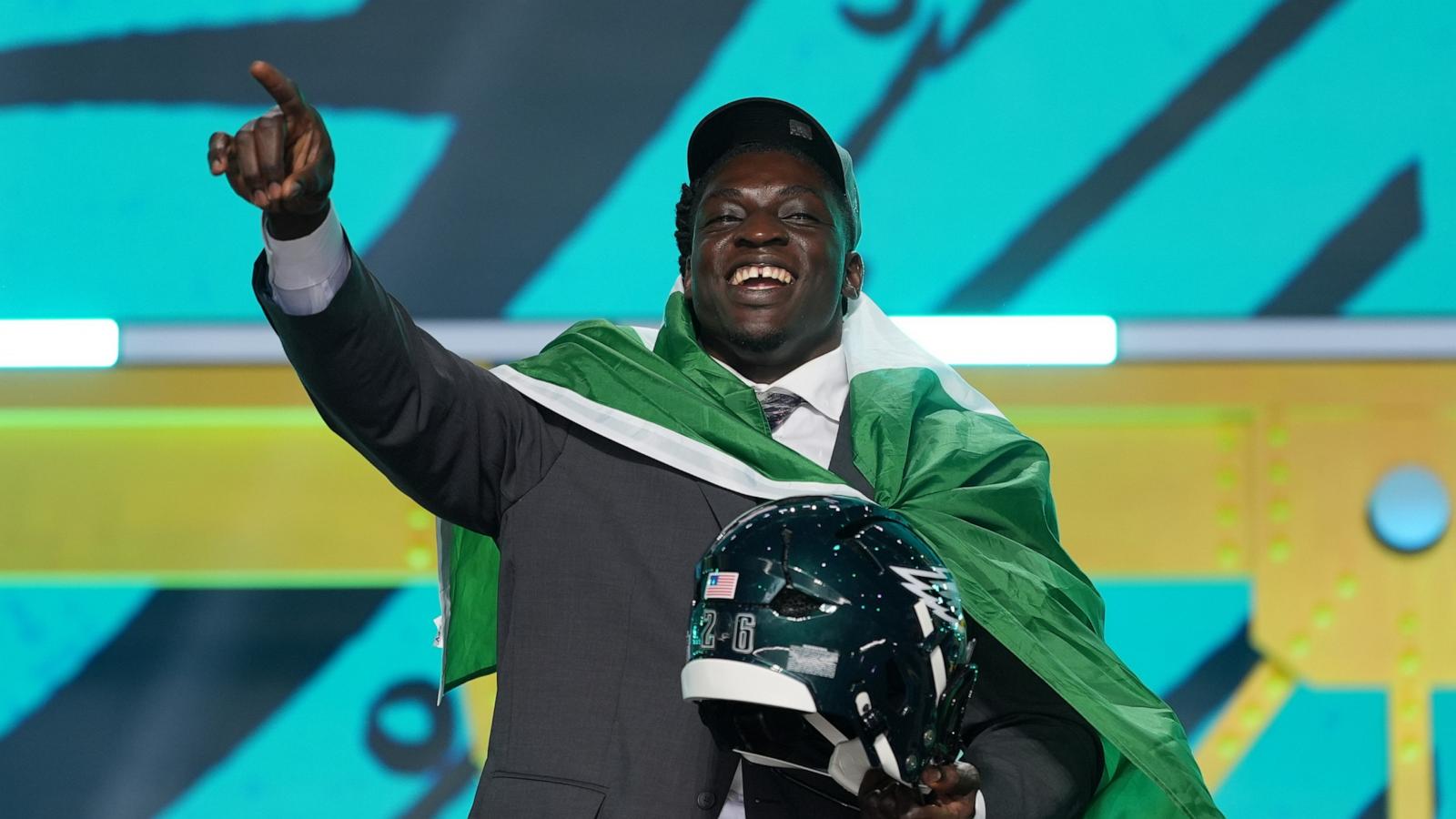 PHOTO: International Player Pathway athlete Uar Bernard celebrates after being chosen by the Philadelphia Eagles with the 251st overall pick during third day of the NFL football draft, April 25, 2026, in Pittsburgh.