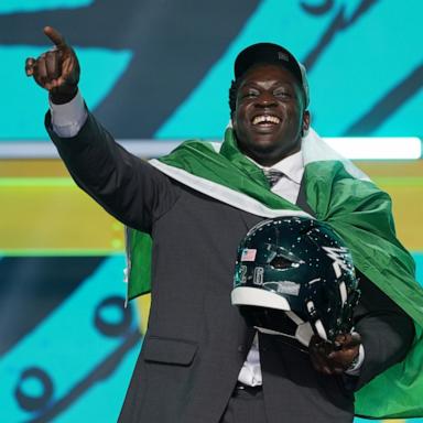 PHOTO: International Player Pathway athlete Uar Bernard celebrates after being chosen by the Philadelphia Eagles with the 251st overall pick during third day of the NFL football draft, April 25, 2026, in Pittsburgh.