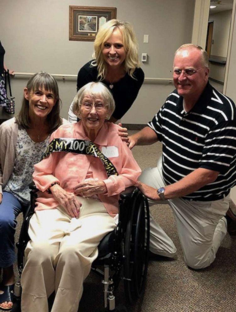 PHOTO: Ann Stueven, who turned 100 years old on July 23, poses with her nieces, Kerry Maggard and Deb Eggers and nephew, Jeff Tarrant at Good Samartian nursing facility in Minnesota on July 20.