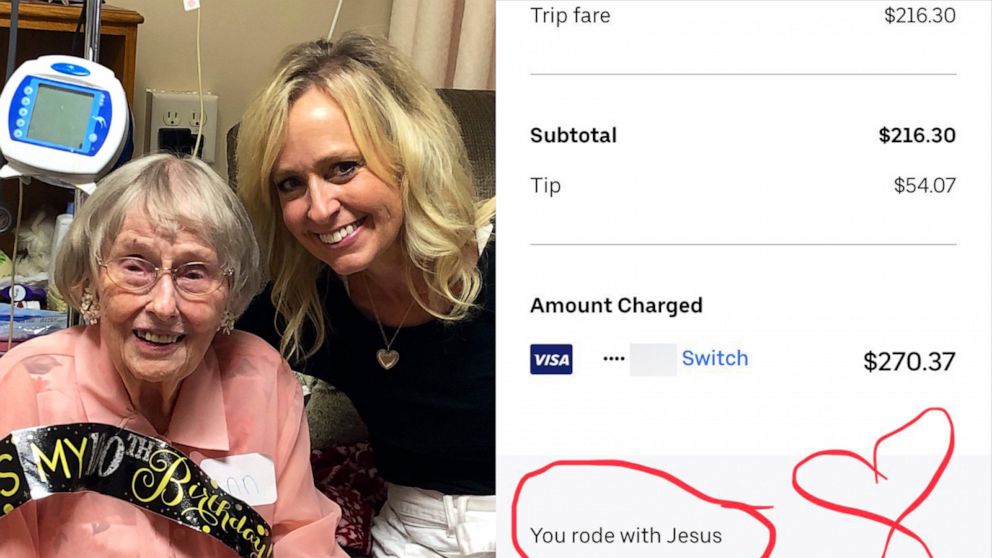 PHOTO: Ann Stueven, 100, poses at Good Samartian nursing facility in Minnesota on July 20 with her niece, Kerry Maggard, who posted a tweet about an Uber driver aggreeing to drive 400 miles to get her to the party. 