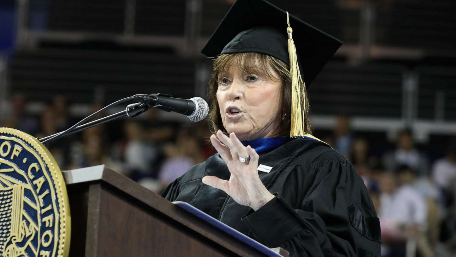 PHOTO: Dr. Anna Lee Fisher speaks at the UCLA College of Letters and Science Commencement Ceremony on June 14, 2019, in Los Angeles.