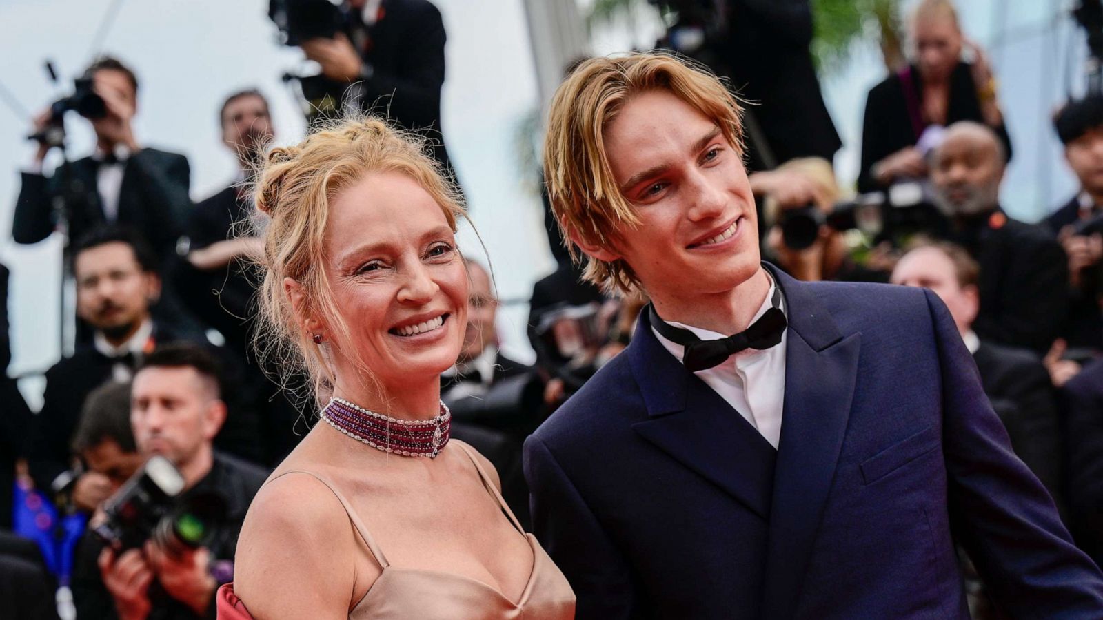 PHOTO: Uma Thurman and her Son Levon Roan Thurman-Hawke attend the "Jeanne du Barry" Screening & opening ceremony red carpet at the 76th annual Cannes film festival at Palais des Festivals on May 16, 2023 in Cannes, France.