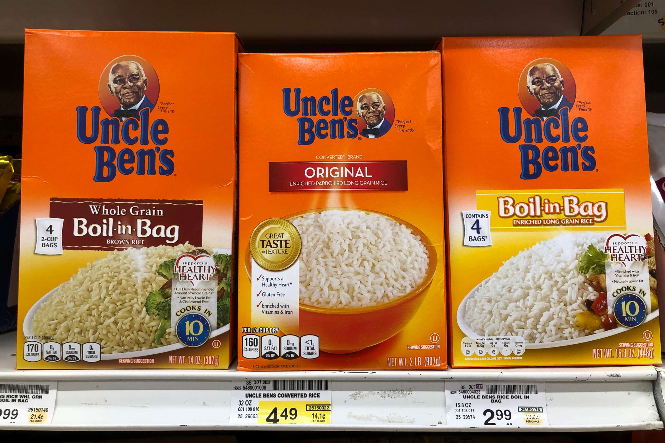 PHOTO: Boxes of Uncle Ben's rice  are displayed on a shelf at a Safeway store, June 17, 2020, in San Anselmo, Calif.