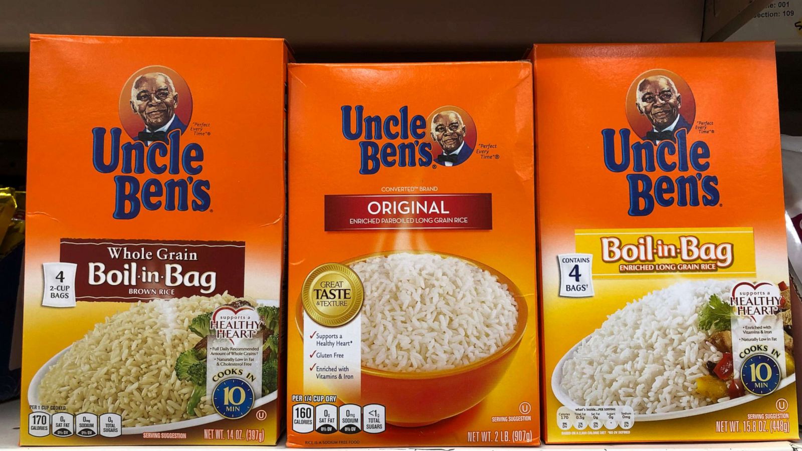 PHOTO: Boxes of Uncle Ben's rice are displayed on a shelf at a Safeway store, June 17, 2020, in San Anselmo, Calif.