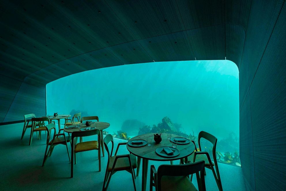 PHOTO: Interior view of a restaurant named Under, that is semi-submerged beneath the waters of the North Atlantic in Lindesnes near Kristiansand in Oslo, Norway, March 19, 2019.