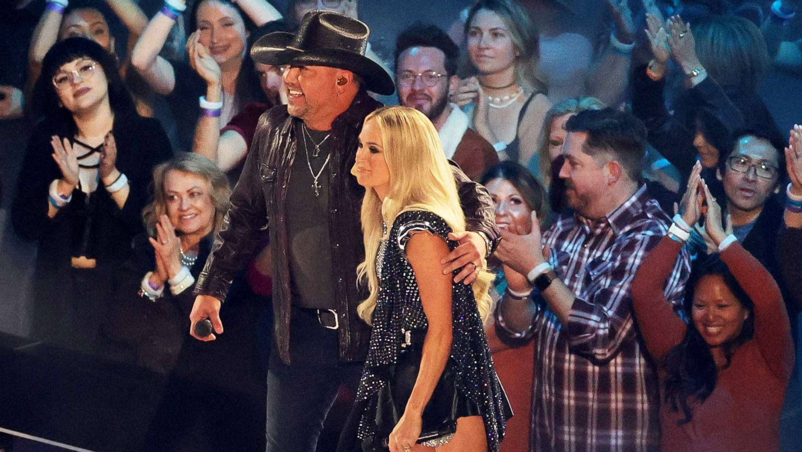 PHOTO: Jason Aldean and Carrie Underwood perform onstage during the 57th Academy of Country Music Awards at Allegiant Stadium on March 07, 2022 in Las Vegas.