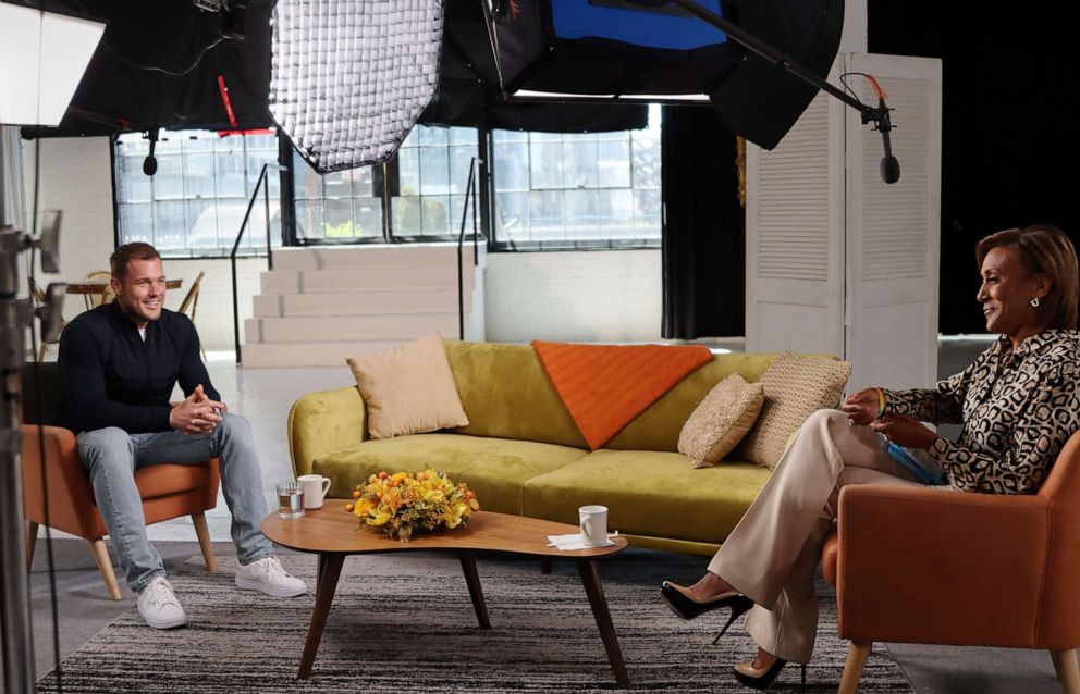 PHOTO: ABC's Robin Roberts with Colton Underwood, the lead of the 23rd season of "The Bachelor," during an interview in April 2021.