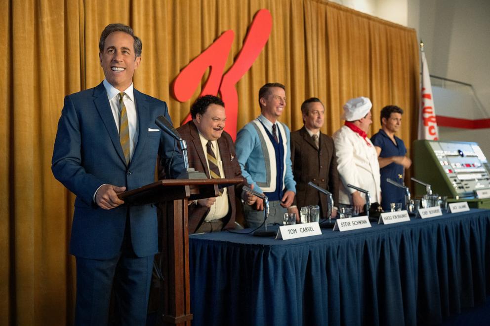 PHOTO: (L-R) Jerry Seinfeld, Adrian Martinez, Jack McBrayer, Thomas Lennon, Bobby Moynihan and James Marsden appear in a scene from the upcoming Netflix film "Unfrosted."