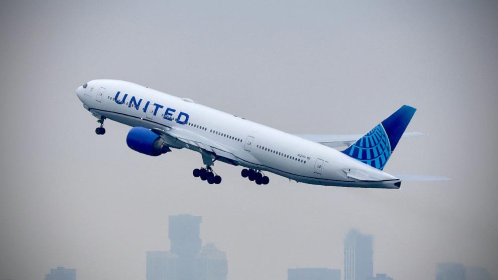 PHOTO: A United plane departs from Newark Liberty International Airport in Newark, New Jersey on May 7, 2025.