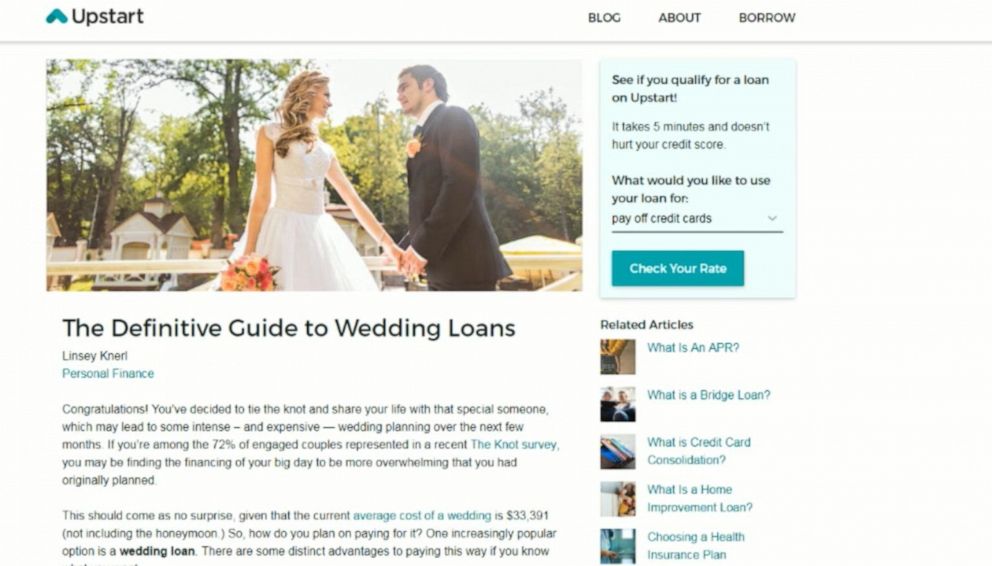 PHOTO: Upstart is one of the many companies now offering wedding-specific loans.