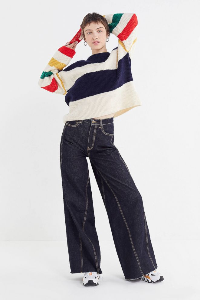 PHOTO: Pendleton-inspired stripes turn a boxy sweater into a statement piece. Style Hint: Pair with dark denim to play up the color contrast.