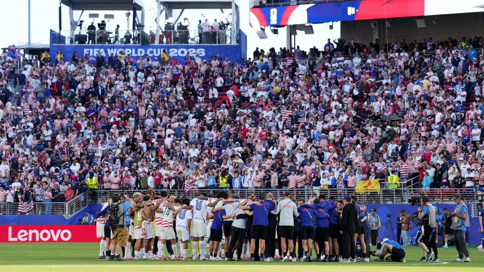 PHOTO: United States players huddle after the match against Bosnia and Herzegovina at the San Francisco Bay Area Stadium, July 1, 2026, in Santa Clara, California.