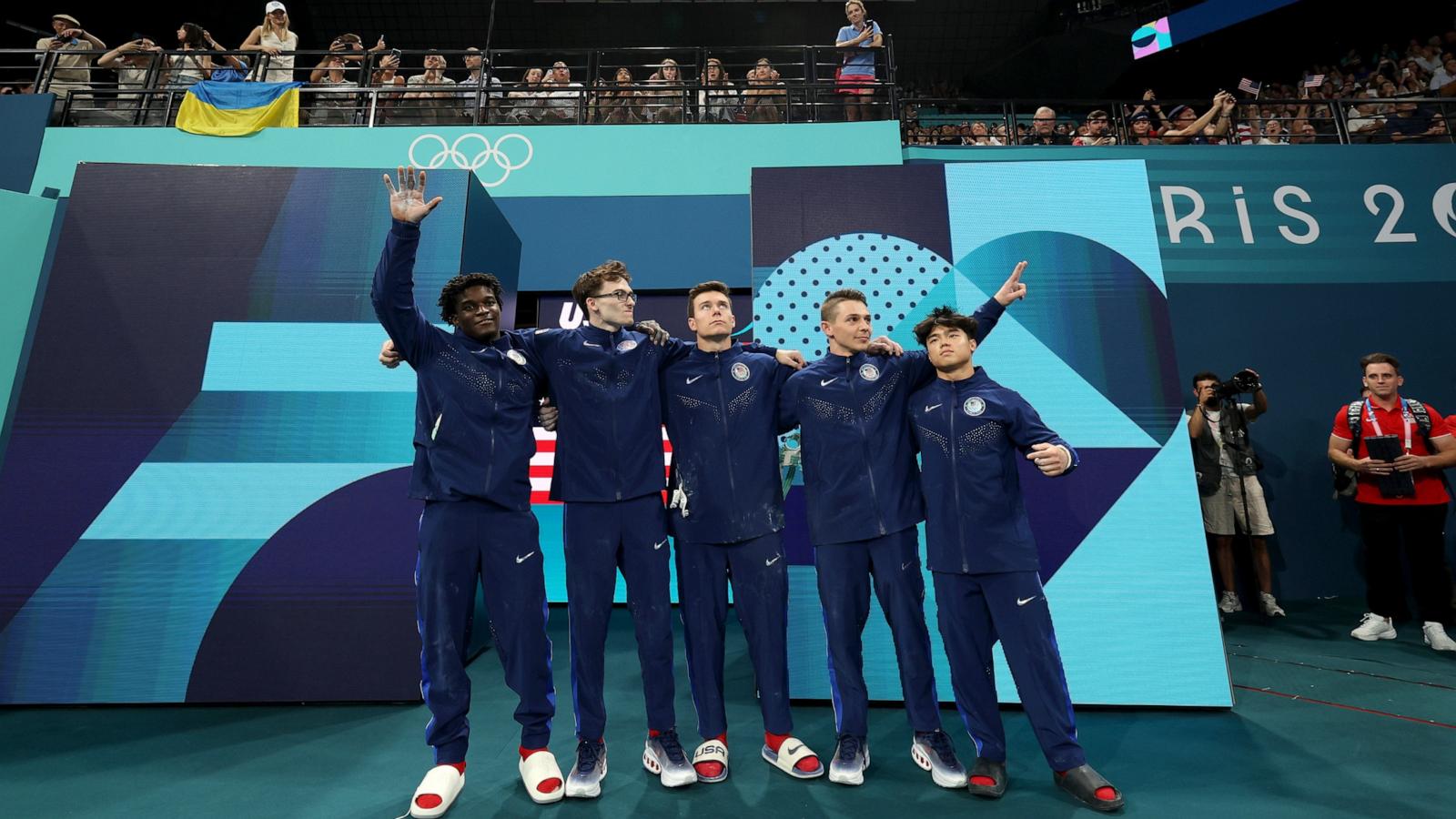 PHOTO: Athletes of Team United States enter the arena prior to the Artistic Gymnastics Men's Team Final on day three of the Olympic Games Paris 2024 at Bercy Arena on July 29, 2024 in Paris, France.