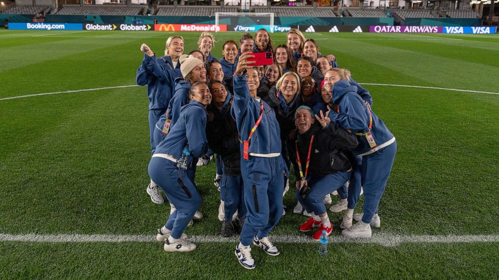 PHOTO: Sophia Smith of the United States takes a selfie with the team during USWNT Stadium Familiarization at Eden Park on July 21, 2023, in Auckland, New Zealand, ahead of the World Cup.