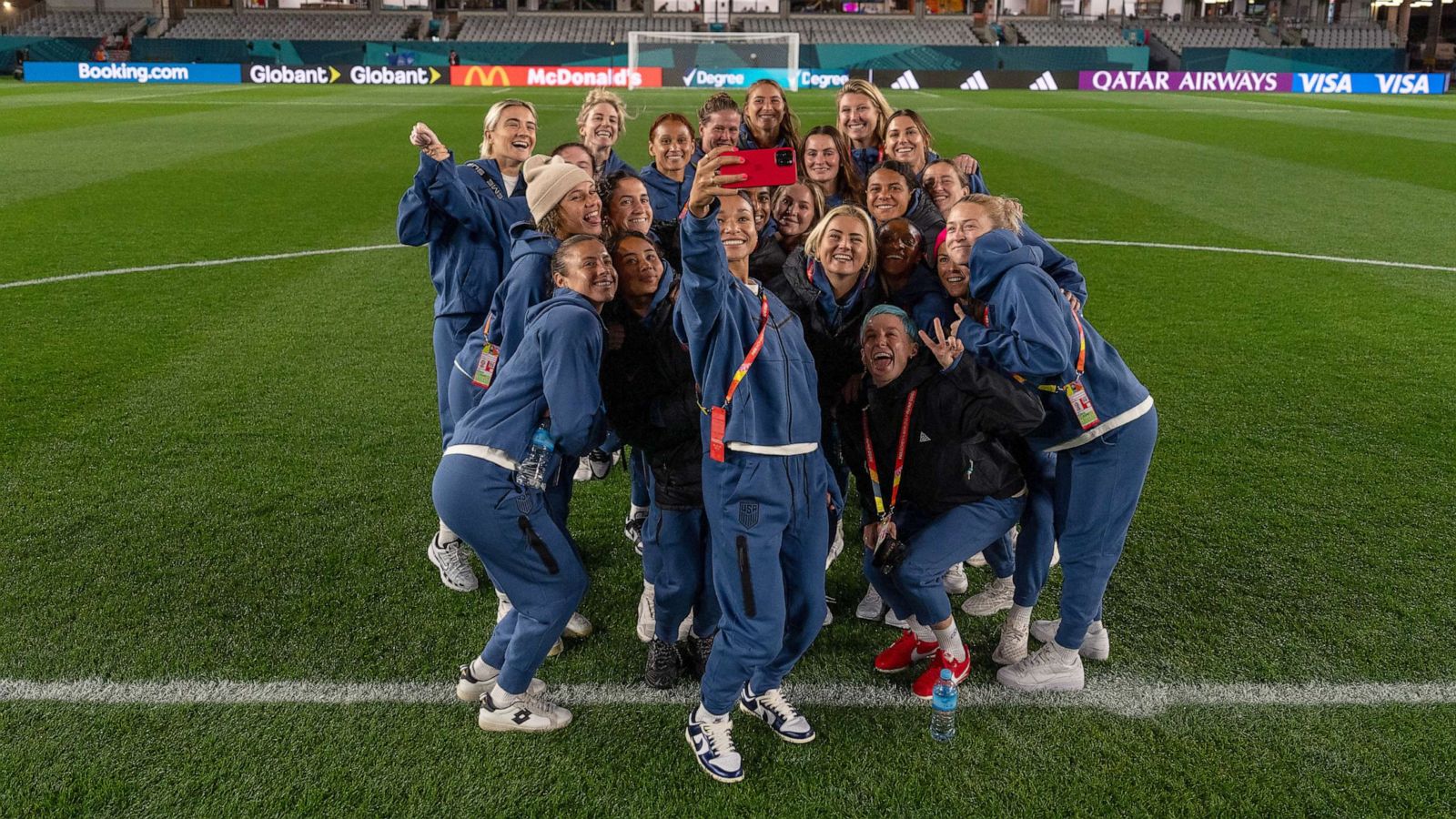 PHOTO: Sophia Smith of the United States takes a selfie with the team during USWNT Stadium Familiarization at Eden Park on July 21, 2023, in Auckland, New Zealand, ahead of the World Cup.