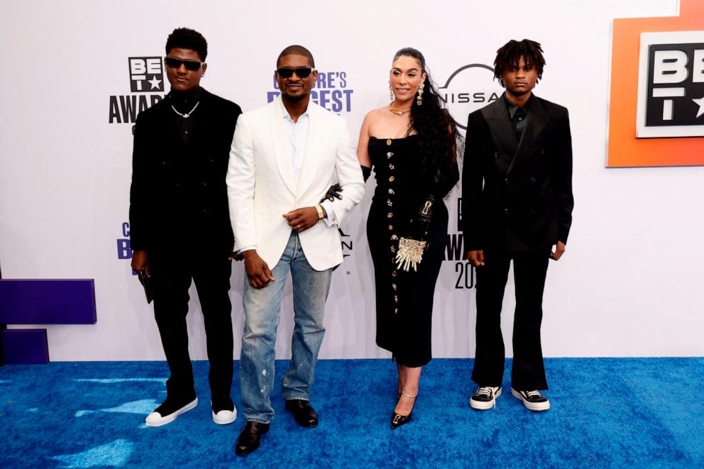 PHOTO: (L-R) Naviyd Raymond, Usher, Jennifer Goicoechea Raymond and Usher "Cinco" Raymond V attend the 2024 BET Awards at Peacock Theater, June 30, 2024, in Los Angeles.