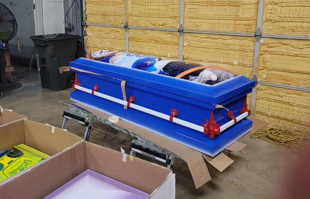 PHOTO: The custom designed casket for Uvalde Elementary School shooting victim, Xavier Lopez, features a Toronto Blue Jays theme.