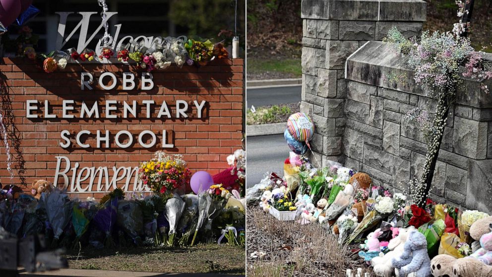 PHOTO: In this May 26, 2022, file photo, a makeshift memorial is shown outside Robb Elementary School in Uvalde, Texas. | A makeshift memorial for victims is shown outside the Covenant School following a shooting, in Nashville, Tenn., on March 28, 2023.