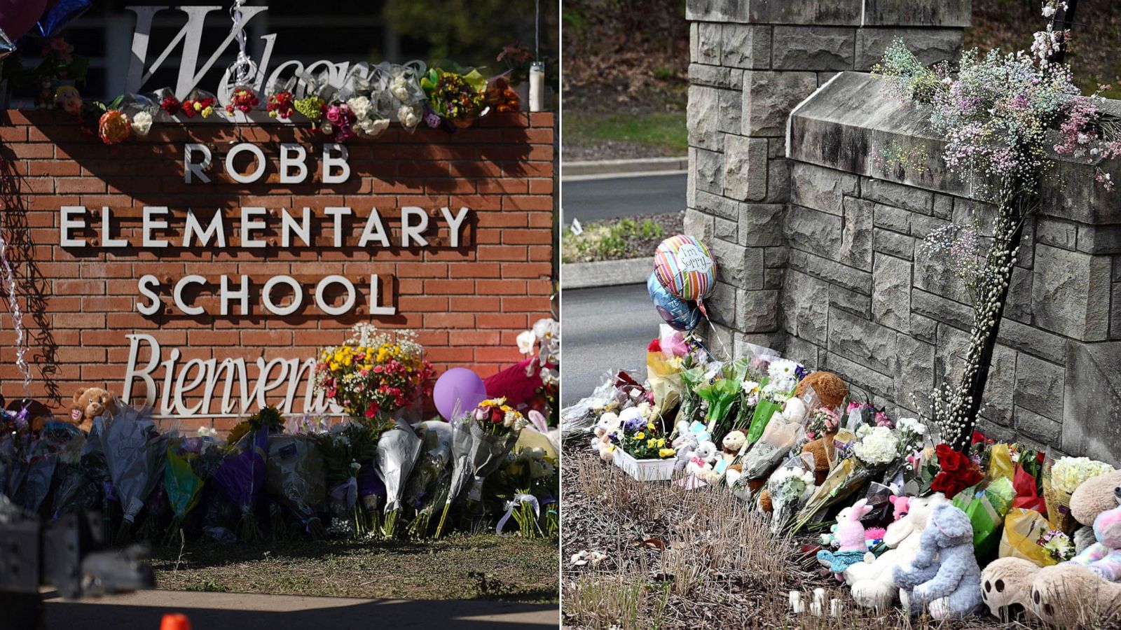 PHOTO: In this May 26, 2022, file photo, a makeshift memorial is shown outside Robb Elementary School in Uvalde, Texas. | A makeshift memorial for victims is shown outside the Covenant School following a shooting, in Nashville, Tenn., on March 28, 2023.