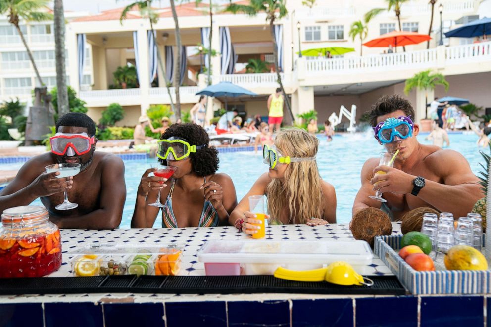 PHOTO: Hulu's "Vacation Friends" is about strait-laced Marcus and Emily (Lil Rel Howery, left, Yvonne Orji, 2nd left) befriending the wild, thrill-seeking partiers Ron and Kyla (John Cena, right, Meredith Hagner, 2nd right) at a resort in Mexico.