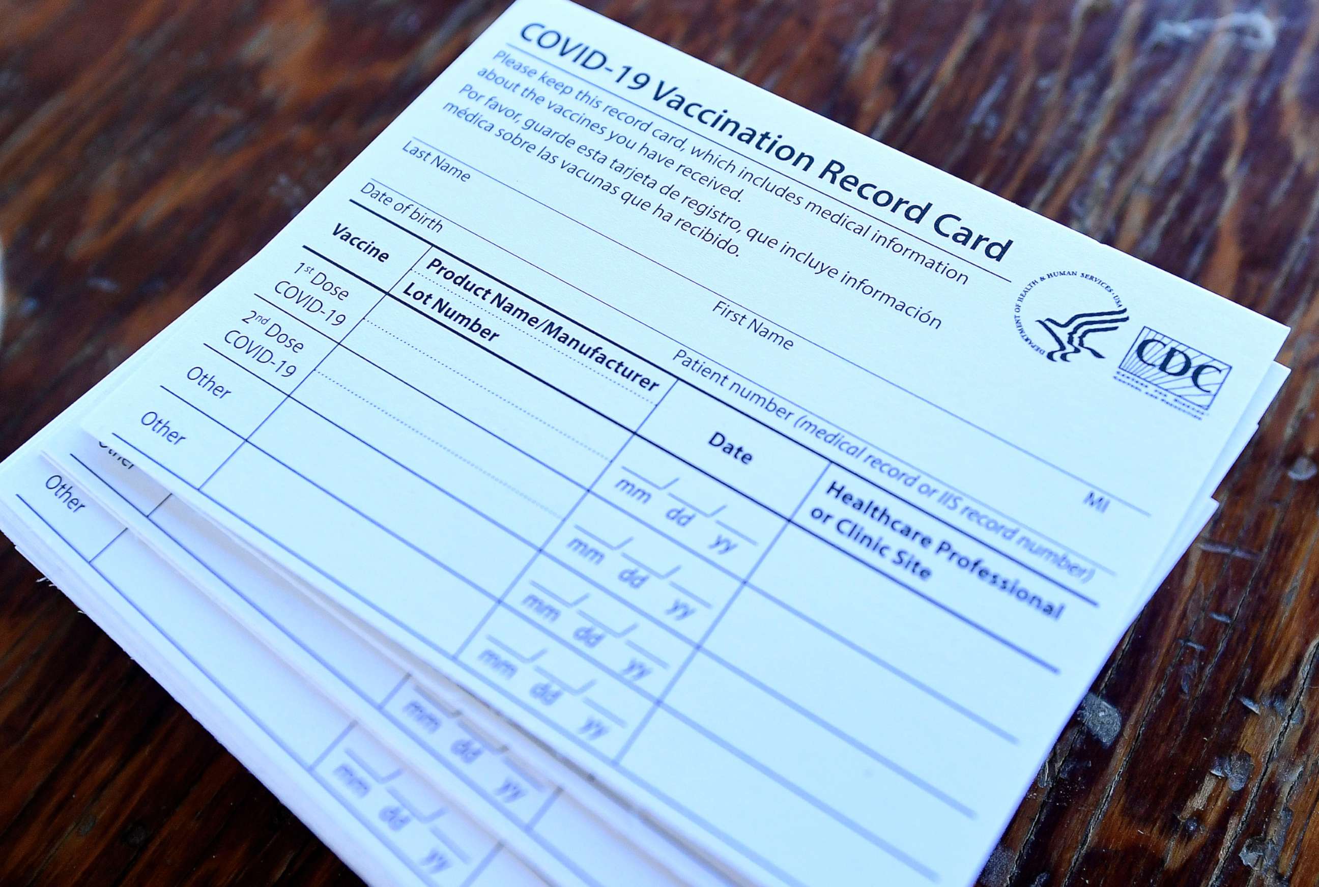 PHOTO: Blank vaccination cards are shown at Lake Elsinore Diamond Stadium on Jan. 16, 2021, in Lake Elsinore, Calif.