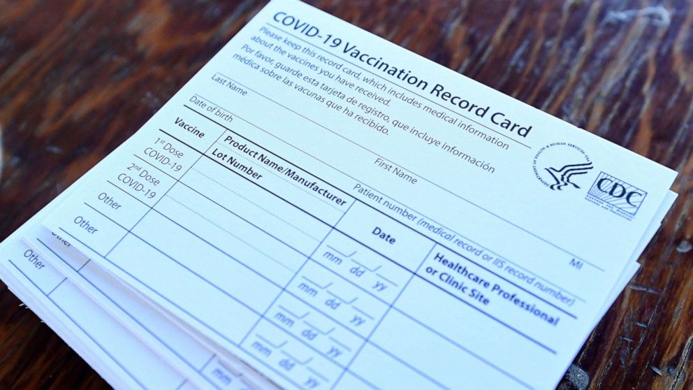 PHOTO: Blank vaccination cards are shown at Lake Elsinore Diamond Stadium on Jan. 16, 2021, in Lake Elsinore, Calif.