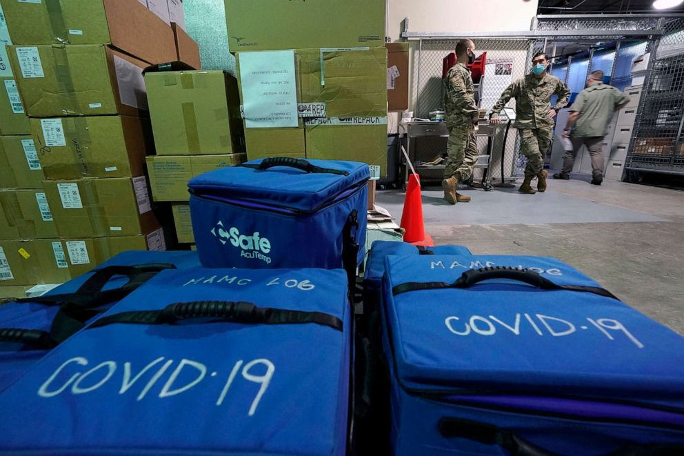 PHOTO:Soldiers working in a logistics area of Madigan Army Medical Center at Joint Base Lewis-McChord in Washington state stand, Dec. 15, 2020, near cooler bags that will be used to transport vials of the first shipment of the Pfizer vaccine for COVID-19.
