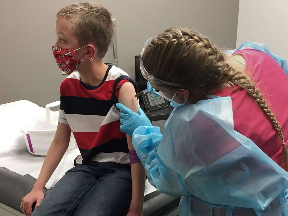 PHOTO: Kaden Sweeten, 10, gets his COVID-19 vaccine as part of Moderna's pediatric vaccine trial in Salt Lake City, Utah, April 28, 2021.