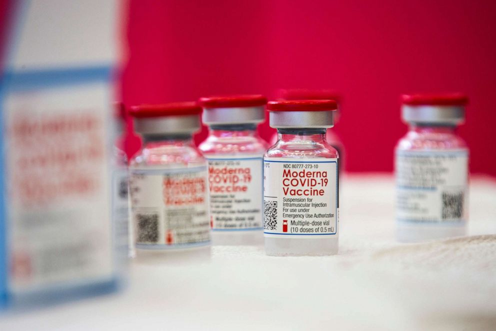 PHOTO: Vials of the Moderna vaccine against COVID-19 are displayed at the Corona High School where people get vaccinated in Corona, Calif., Jan. 15, 2021.