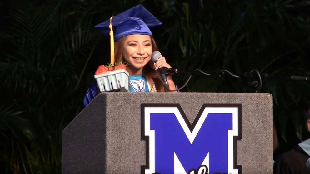 PHOTO: Brenda Alvarez-Lagunas, 18, makes a valedictorian speech at Mulberry High School in Mulberry, Florida, on May 24, 2019. 