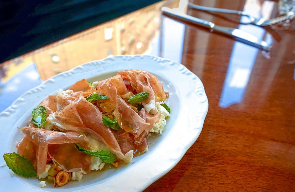 PHOTO: Don Angie's prosciutto and melon salad with mint and candied hazelnuts.