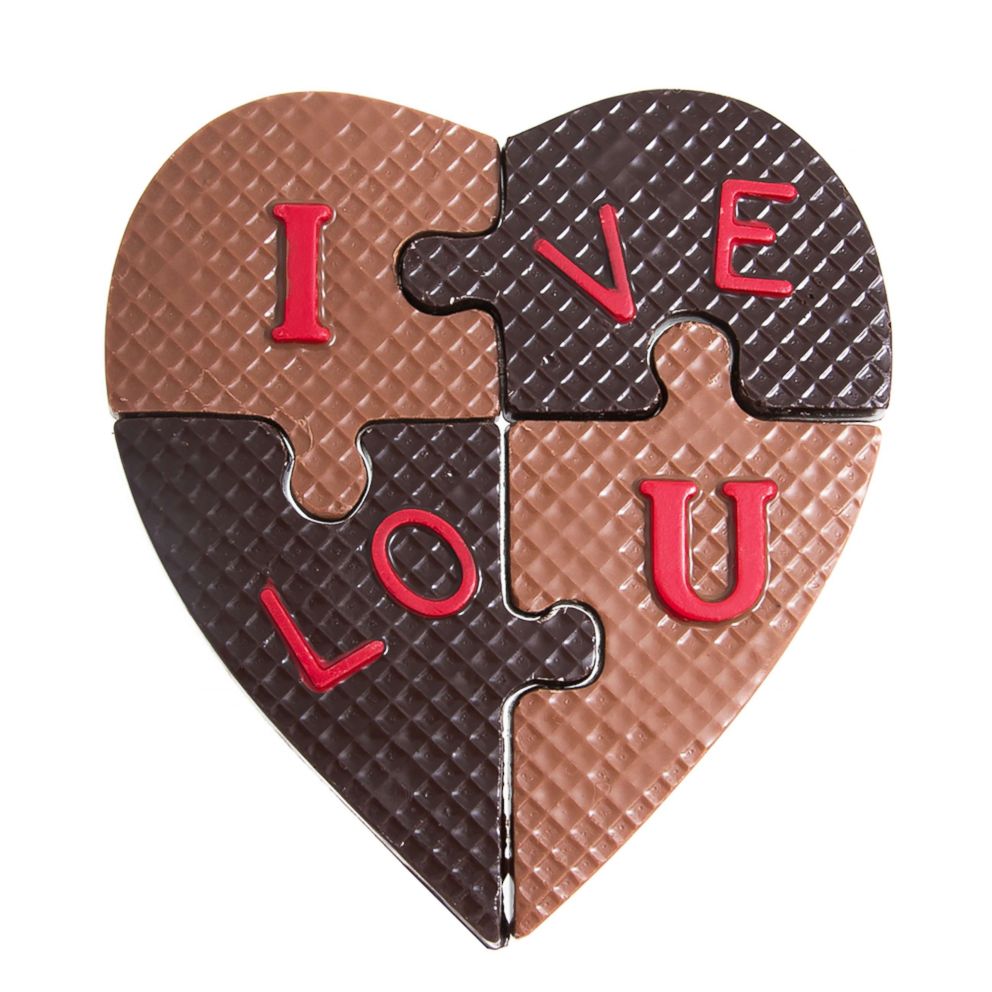 PHOTO: Jacques Torres custom hand-made chocolate "I Love U" Puzzle is available in milk and dark chocolate.