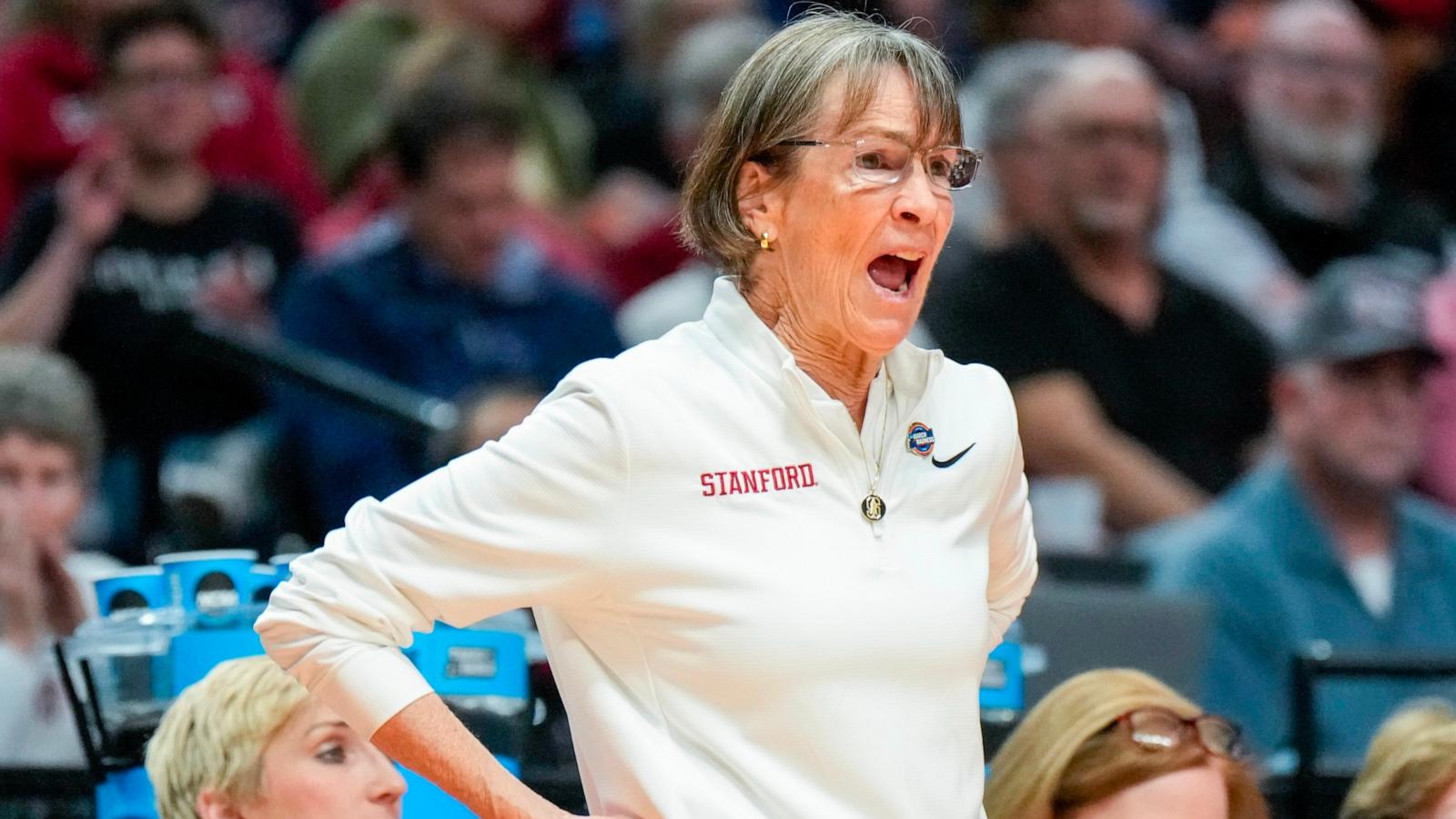 PHOTO: Head coach Tara VanDerveer of the Stanford Cardinal yells during the first half against the NC State Wolfpack in the Sweet 16 round of the NCAA Women's Basketball Tournament at Moda Center on March 29, 2024 in Portland, Ore.