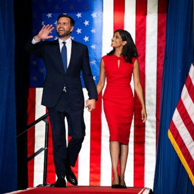 PHOTO: Republican vice presidential nominee Sen. J.D. Vance walks out with his wife Usha Vance to speak during a rally with running mate Republican Presidential nominee former President Donald Trump, July 27, 2024, in St Cloud, Minn.