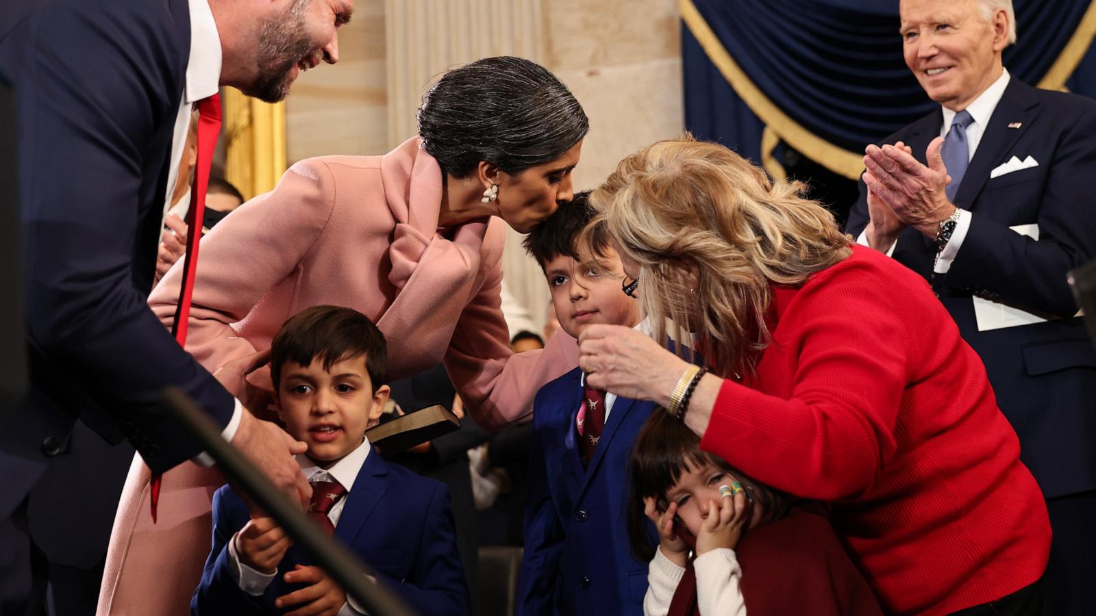 PHOTO: Vice President-elect former Sen. J.D. Vance reacts with his family during inauguration ceremonies in the Rotunda of the U.S. Capitol on January 20, 2025 in Washington, DC.