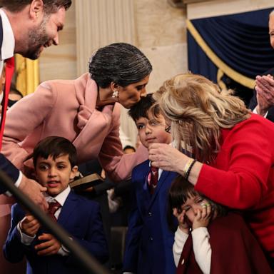 PHOTO: Vice President-elect former Sen. J.D. Vance reacts with his family during inauguration ceremonies in the Rotunda of the U.S. Capitol on January 20, 2025 in Washington, DC.