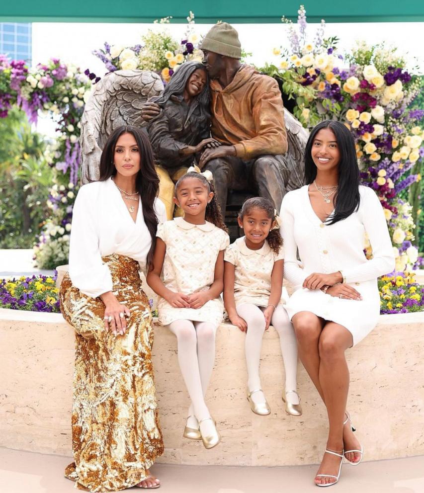 PHOTO: Vanessa Bryant appears in this image with her daughters with a statue of Kobe Bryant and Gianna Bryant behind them.