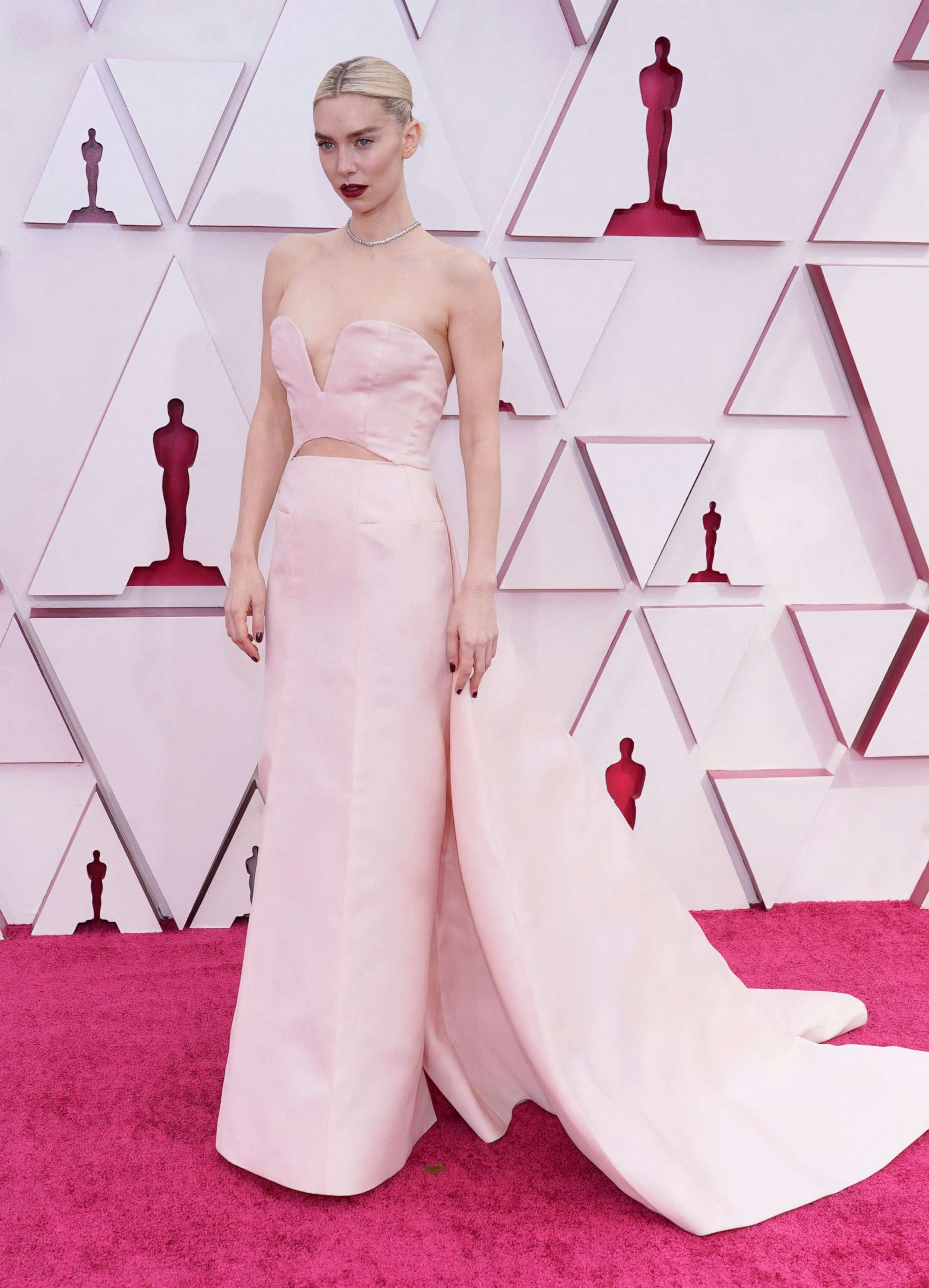 PHOTO: Vanessa Kirby, nominated for an Academy Award for Actress in a Leading Role for her performance in "Pieces of a Woman" arrives to the Oscars red carpet for the 93rd Academy Awards in Los Angeles, April 25, 2021.