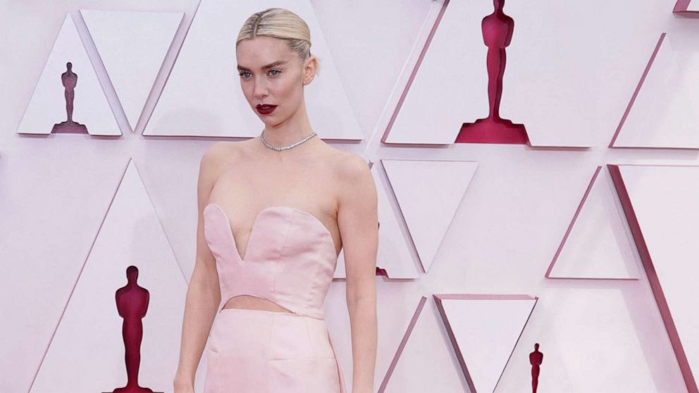 PHOTO: Vanessa Kirby, nominated for an Academy Award for Actress in a Leading Role for her performance in "Pieces of a Woman" arrives to the Oscars red carpet for the 93rd Academy Awards in Los Angeles, April 25, 2021.