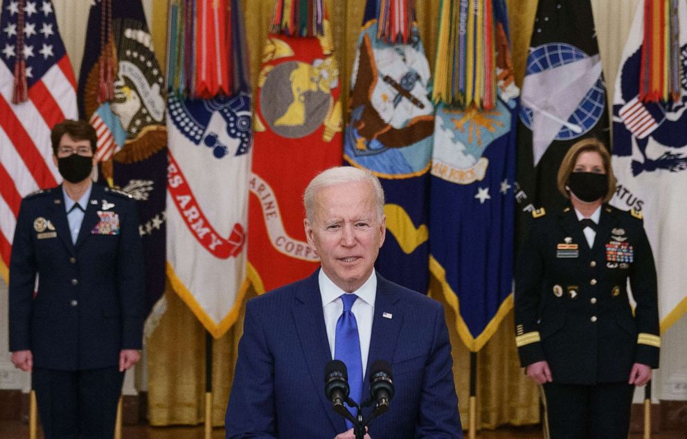 PHOTO: President Joe Biden speaks, flanked by the nominees to positions as 4-star Combatant Commanders General Jacqueline Van Ovost, left, and Lieutenant General Laura Richardson, right, at the White House in Washington on March 8, 2021.