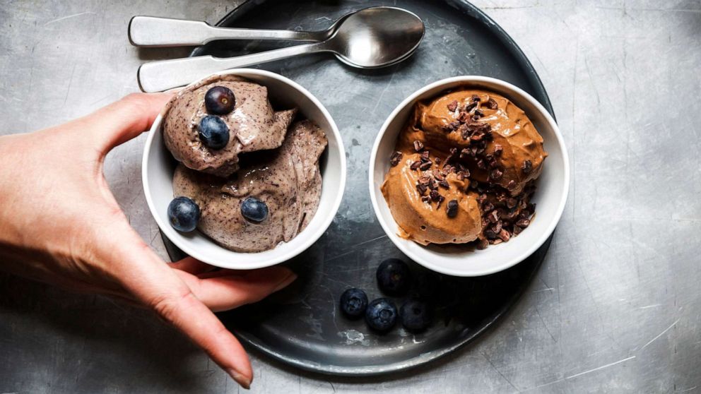 PHOTO: Bowls of vegan blueberry banana and chocolate banana ice cream are pictured in a stock photo.