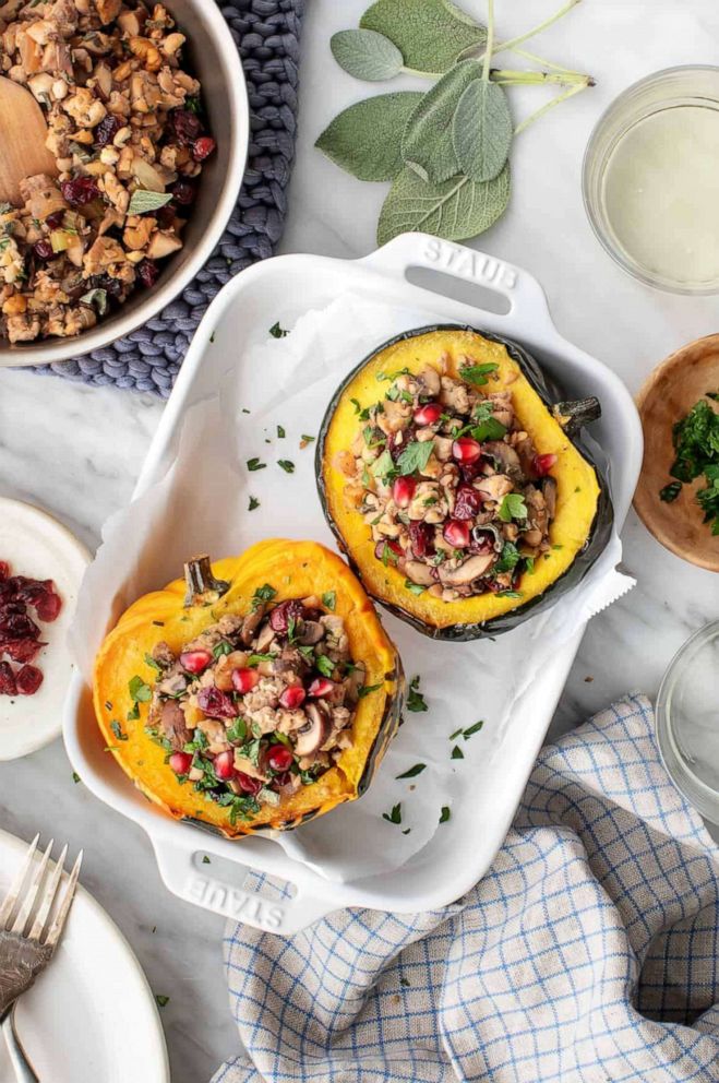 PHOTO: Stuffed acorn squash topped with pomegranate arils. 